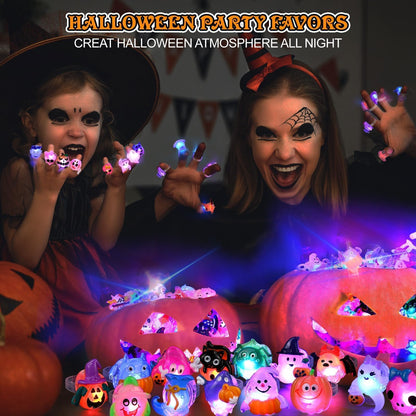 FLY2SKY Halloween Treats 50Pcs 3D Ring LED Light Up Rings Halloween Toys Halloween Party Favors for Kid Glow In The Dark Accessory Non Candy Gift Bag Fillers NEW VERSION