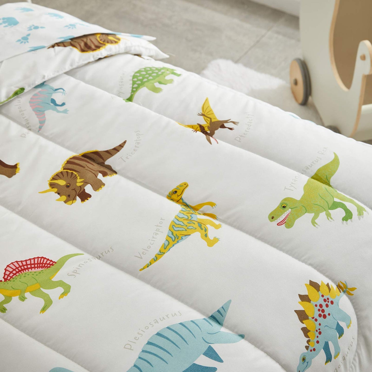 4 Pieces Toddler Bedding Set Dinosaur White with Colorful Dinos and Monsters Toddler Comforter Sheet Set for Autumu and Winter Includes Comforter, Flat Sheet, Fitted Sheet and Pillowcase