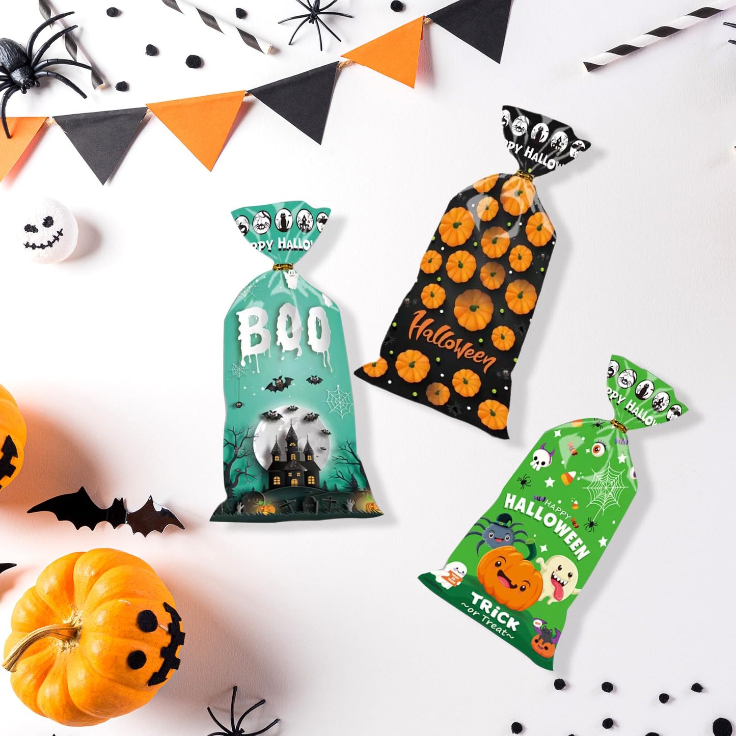 Halloween Treat Bags | 50 pcs (4.9” x 10.8” Inch) | Cellophane Candy Bags with Fun Scary Designs | Pumpkins, Witches Cello Bags | Halloween Party Decorations, Spooky Treat Bags