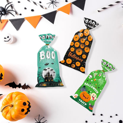 Halloween Treat Bags | 50 pcs (4.9” x 10.8” Inch) | Cellophane Candy Bags with Fun Scary Designs | Pumpkins, Witches Cello Bags | Halloween Party Decorations, Spooky Treat Bags