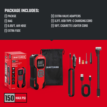 CRAFTSMAN Tire Inflator Portable Air Compressor, Cordless Mini Air Pump for Car Tires with Digital Tire Pressure Gauge, 6000mAh Battery Powered Air Pump, Max Pressure 150 PSI, 12V DC Corded