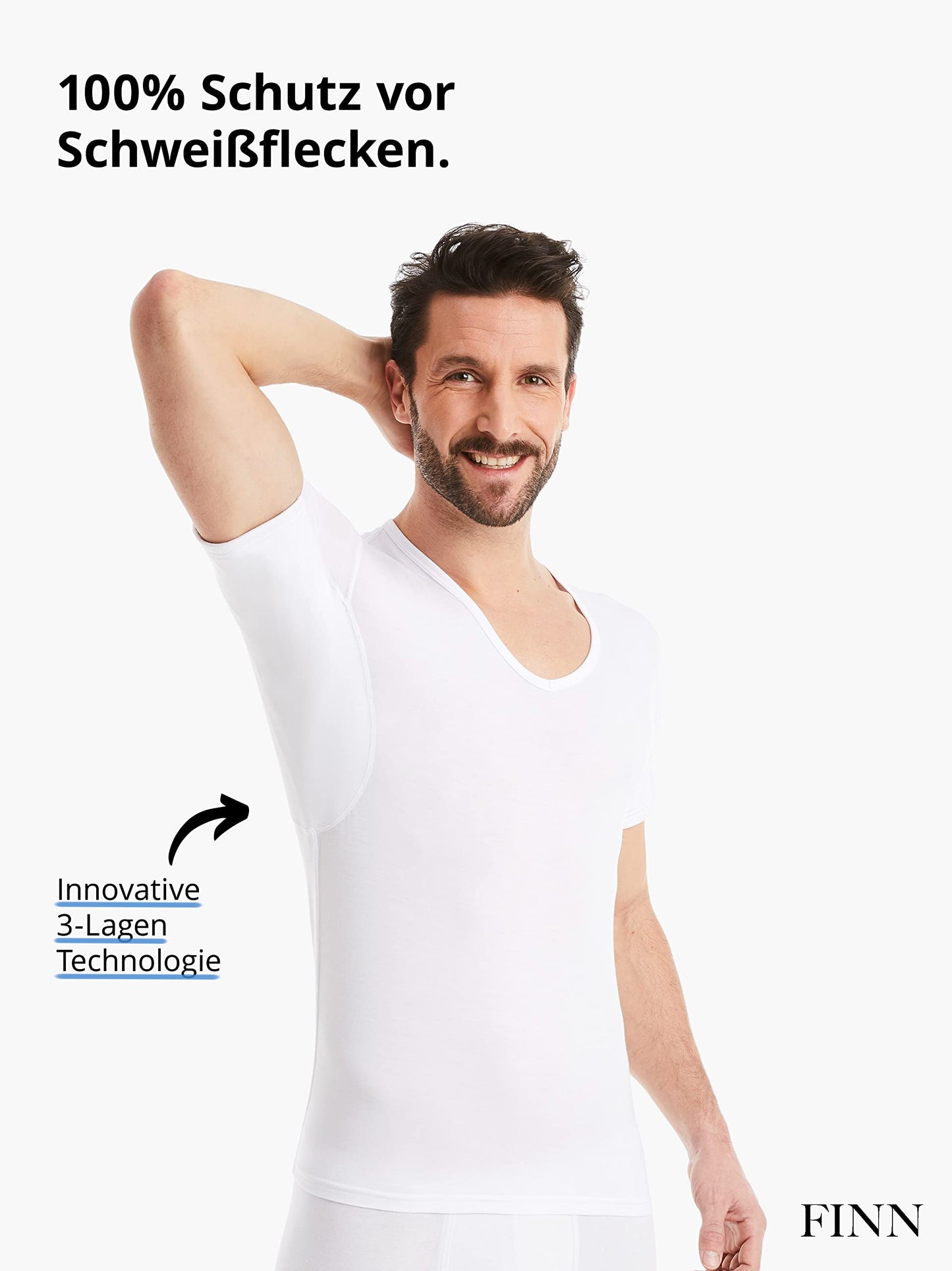FINN Men's Anti-Sweat Shirt with V-Neck and Integrated Underarm Pads to Prevent Strong Sweating - Undershirt with Guaranteed Protection Against Sweat Stains and Sweat Odour