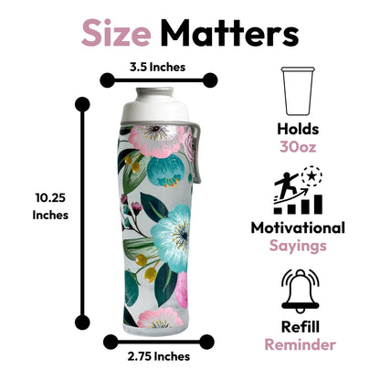 50 Strong Reusable Water Bottle with Time Markers – 30 oz BPA-Free Leakproof Bottle with Chug Cap & Easy-Carry Handle – Made in USA (Pretty Flowers)