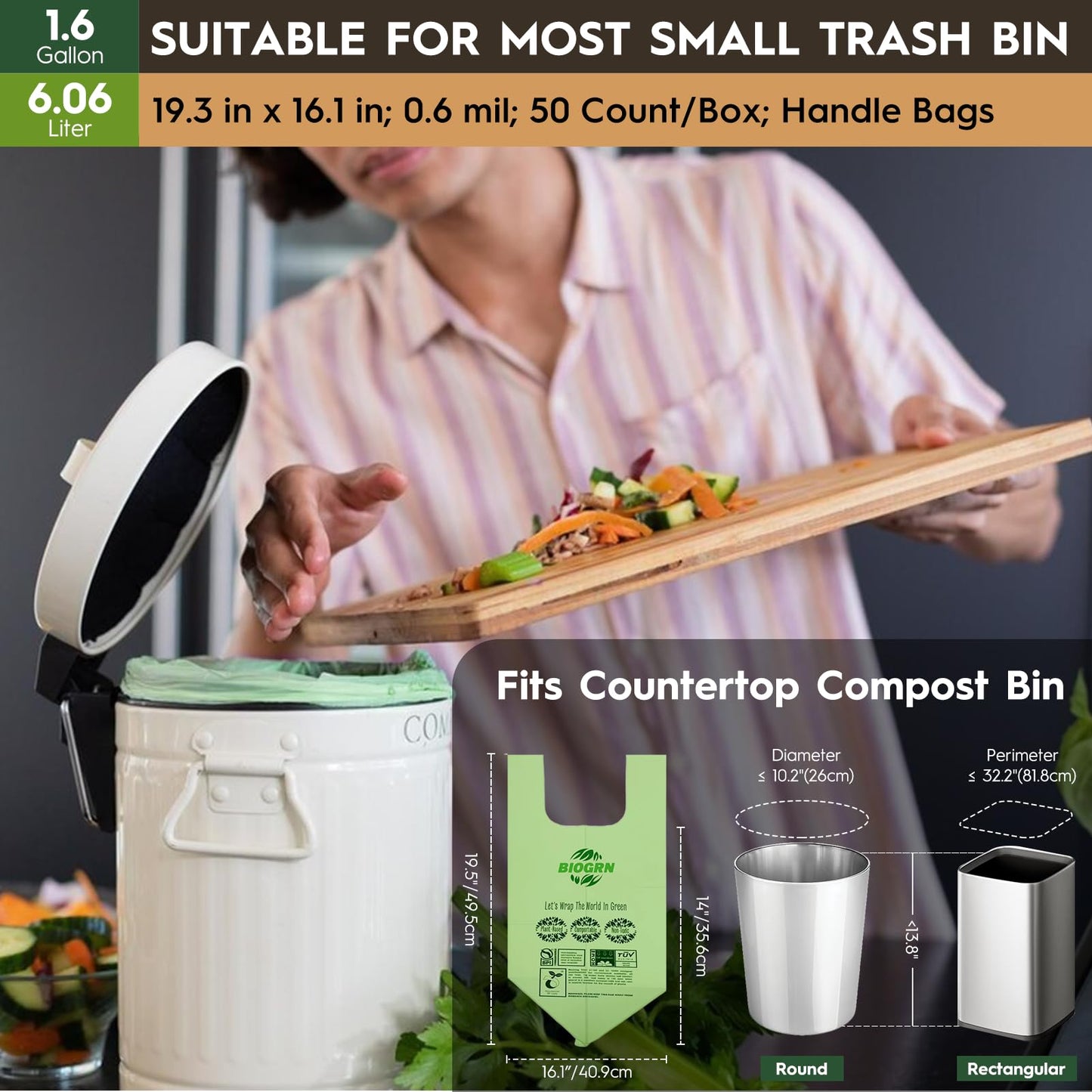 Compostable Trash Bags 1.2-1.6 Gallon Handle Tie 50 Count 0.6 Mil 6.06 Liter Small Compost Bags for Countertop Bin Biodegradable Bags Green for Kitchen ASTM D6400 & BPI Certified, OK Compost Home