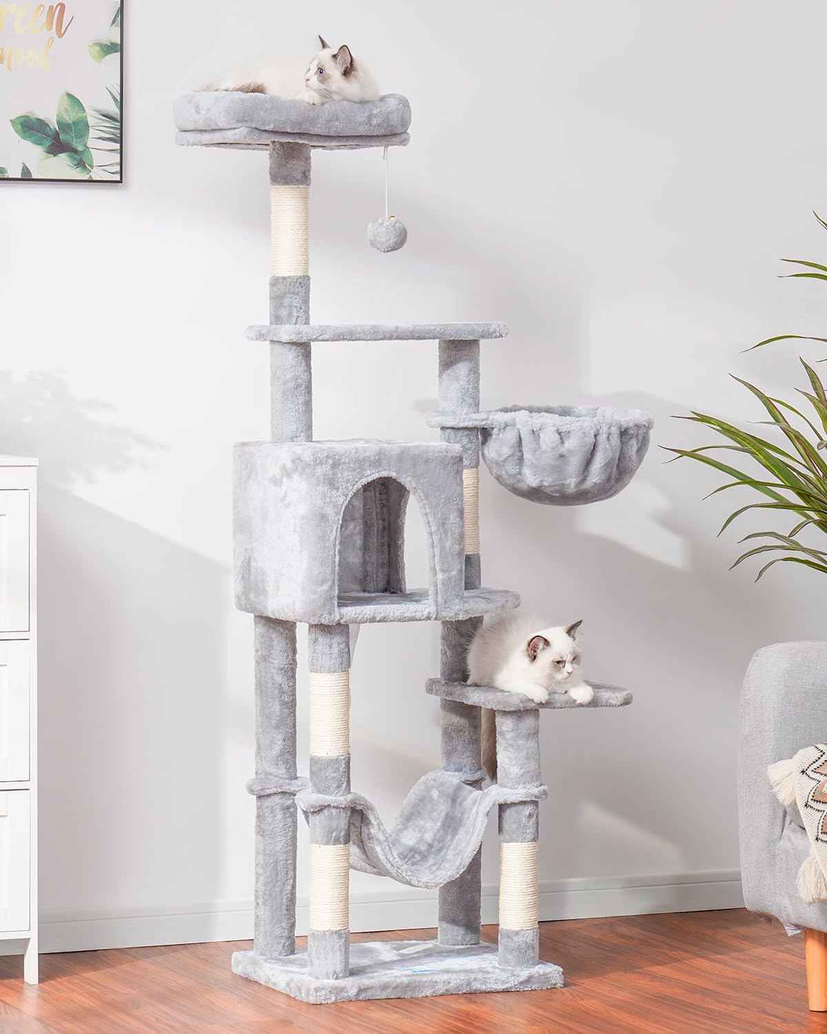 Hey-brother Cat Tree with Large Hammock, Multi-Level Cat Tower for Indoor Cats, Cat Condo with Sisal-Covered Scratching Posts and Top Perch, Light Gray MPJ050W