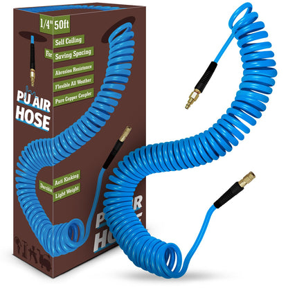 1/4 in x 50 ft Polyurethane Air Hose with Bend Restrictor, Air Compressor Hose with 1/4 Solid 100% Pure Copper Quick Connect Fittings and I/M Plug Kit, Coiled PU Air Hose 1/4", Blue