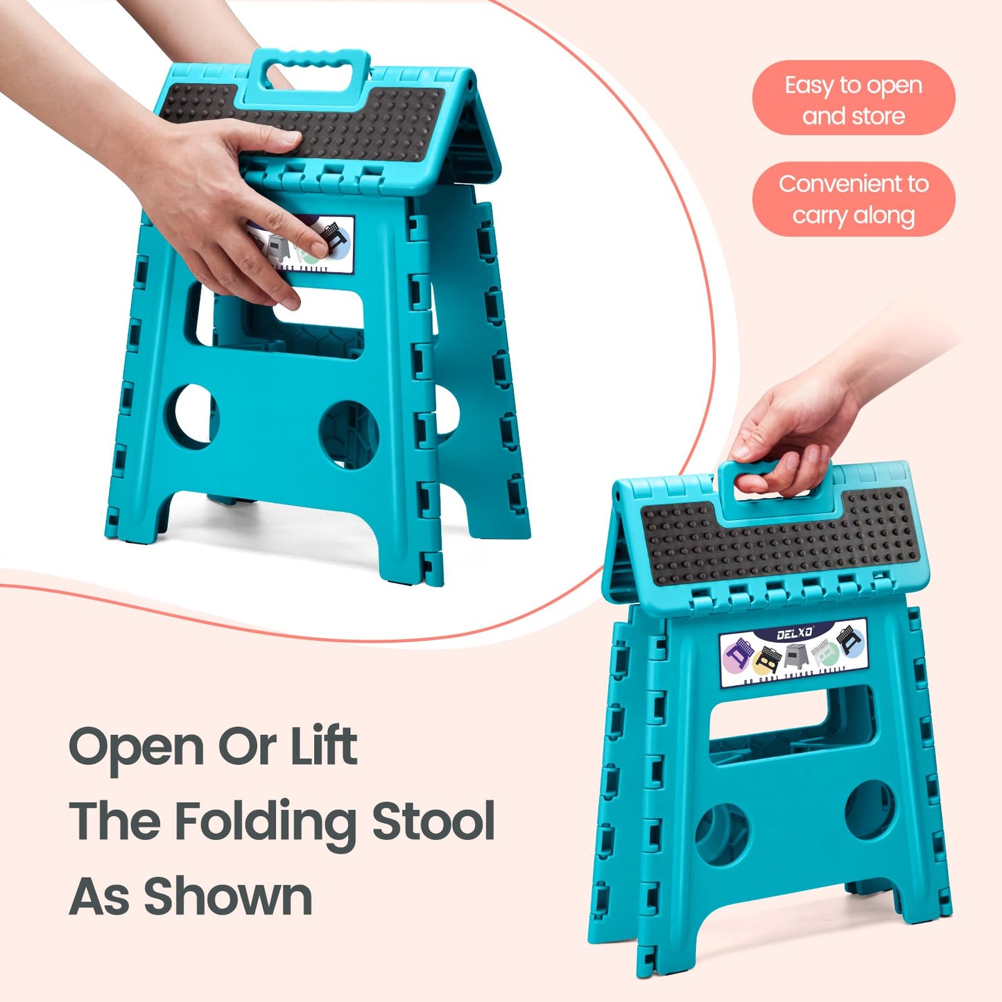 Delxo Folding Step Stool 13 Inch Non-Slip Foldable Stools Up to 300 LBS Kitchen Collapsible Fold Up Stepping Stool with Dotted 1 Pack Blue