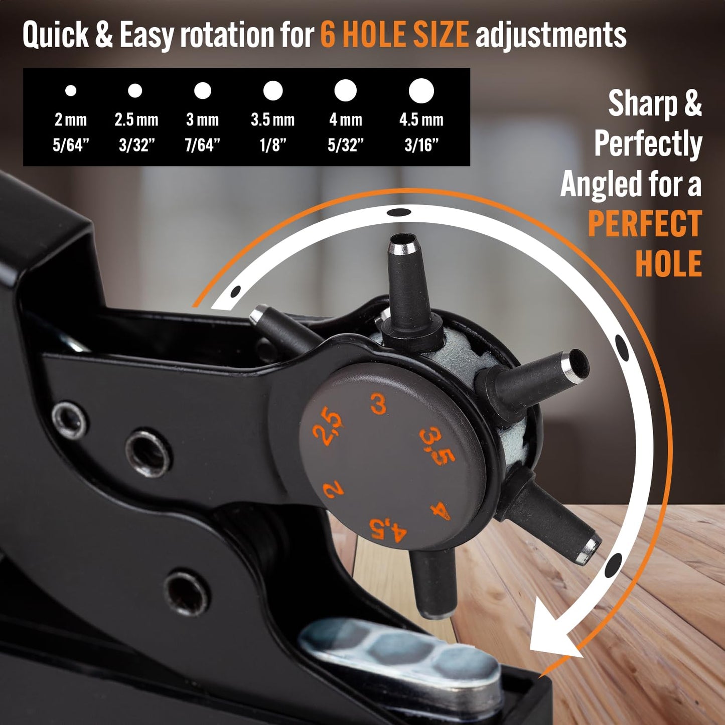 Desktop Leather Belt Hole Puncher Tool - Easier to Use Tabletop Design for Watch Band, Handbag Strap. Heavy Duty Carbon Steel, Precision 6 Sizes Hole Punch for Fabric, Crafts, Easy DIY