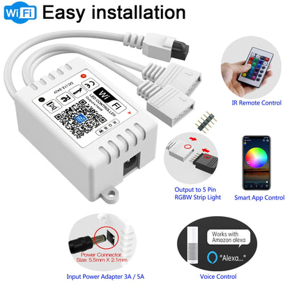 GIDEALED Smart WiFi RGBW LED Controller 2-Output 5 Pin with 24-Key Remote,Compatible with Alexa&Google Assistant,Voice/APP Control Strip Lights for Android/iOS System(WiFi LED Controller Only)
