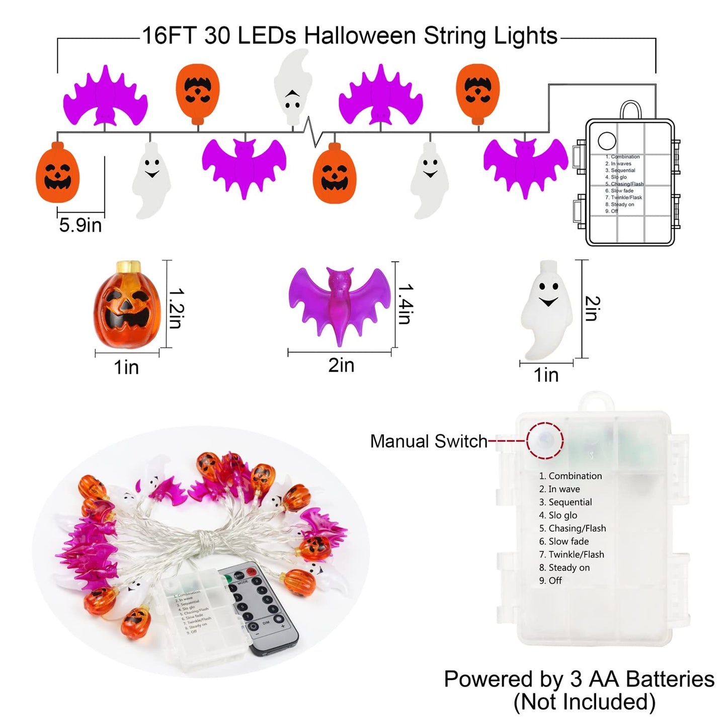 Halloween Lights Decorations, 16 FT 30 LED Waterproof 3D Pumpkin Bat Ghost Battery Operated String Lights with Timer, 8 Lighting Modes Fairy Light for Home Window Indoor Outdoor Halloween Party Decor