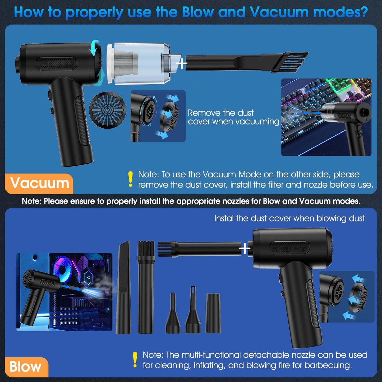 Compressed Air Duster, 100000RPM Handheld Car Vacuum/Air Blower& Pump, 3 Gear Adjustable Electric Air Duster/Car Vacuum Cleaner, Keyboard Duster with LED Light-10 Kits Air Blower for Computer(Black)