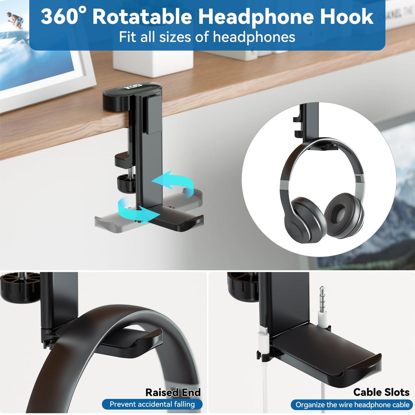 KDD 2 in 1 Headphone Hanger with Desk Cup Holder - Under Desk Clamp Rotatable Headset Holder - Suitable for Coffee Mups, Water Cups, Headphone(Black)