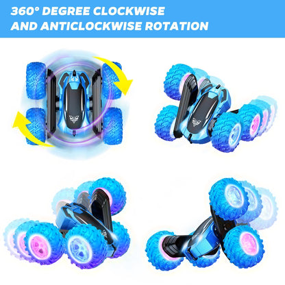 KKONES Remote Control Car, 2.4GHz Double Sided 360° Flips Rotating Electric Race RC Stunt Car, LED Wheel & Headlight High Speed Off Road Cars Toy Gift for 3 4 5 6 7 8-12 Year Old Boy Toys (Blue)