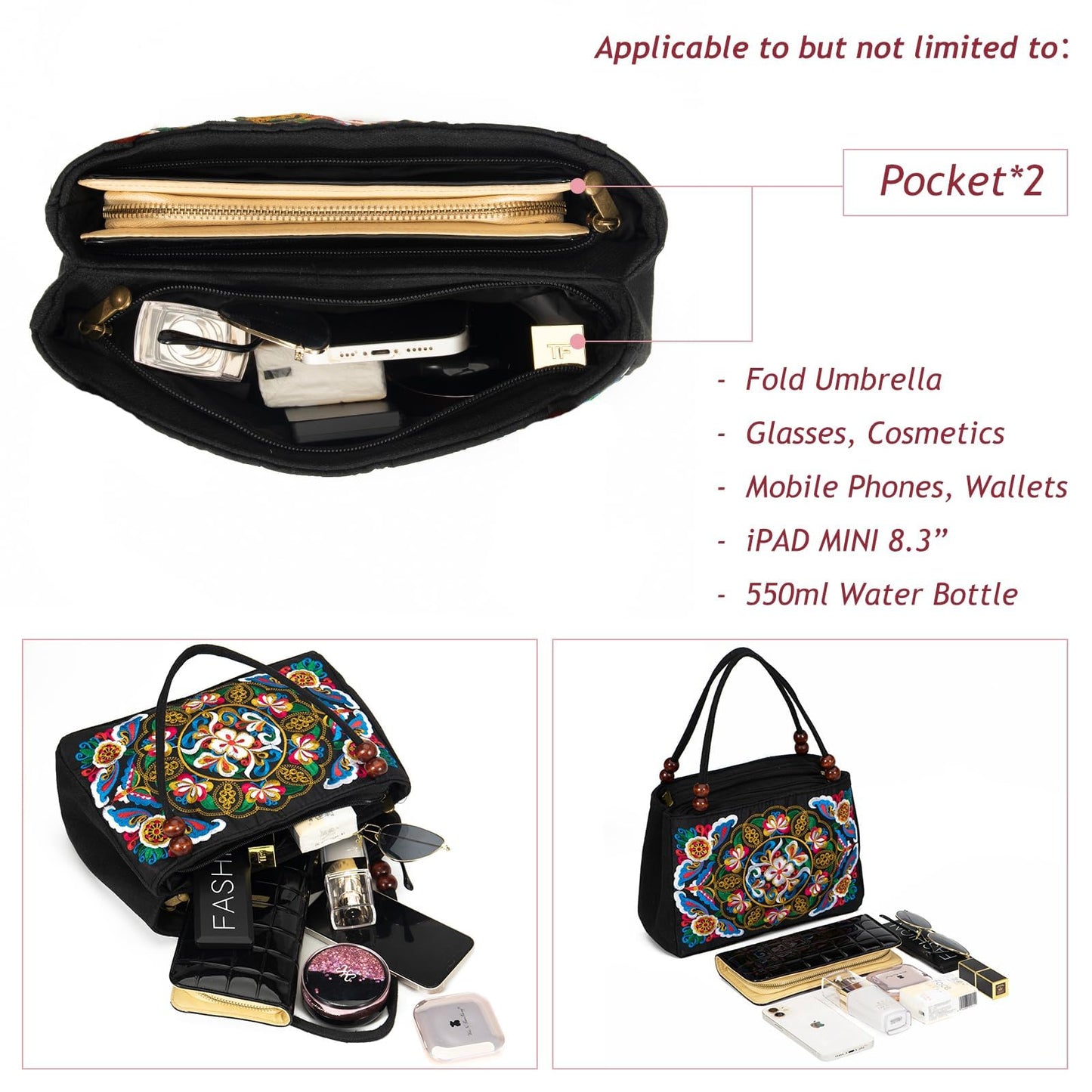Jursccu Double-Sided Embroidery Totes Bag Travel Beach Bag Vintage Embroidery Ethnic Shoulder Bags