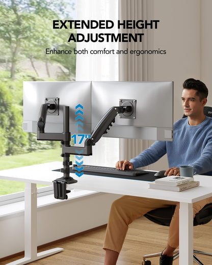 HUANUO 17-32 Inch Dual Monitor Stand, Gas Spring Dual Monitor Mount, Monitor Stand 2 Monitors, Ergonomic Adjustable Tilt/Swivel/Rotate, Weight Max 19.8 lbs, VESA 75/100mm