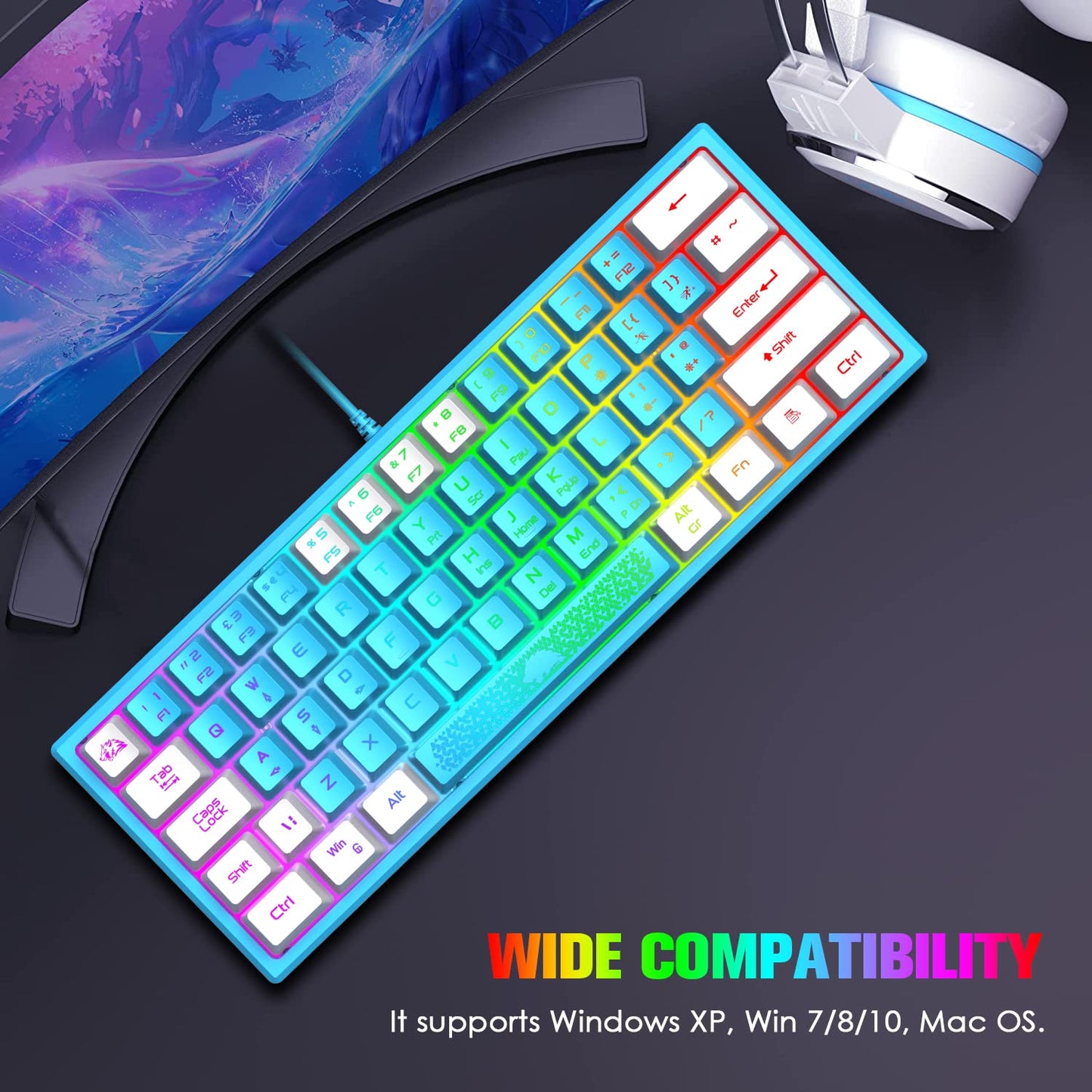 60% Gaming Keyboard and Mouse Combo Duble Color Keycaps Samll RGB Backlight Mechanical Feeling and Mechanical RGB 6400 DPI Honeycomb Optical Mouse,Gaming Mouse pad for Gamers and Typists