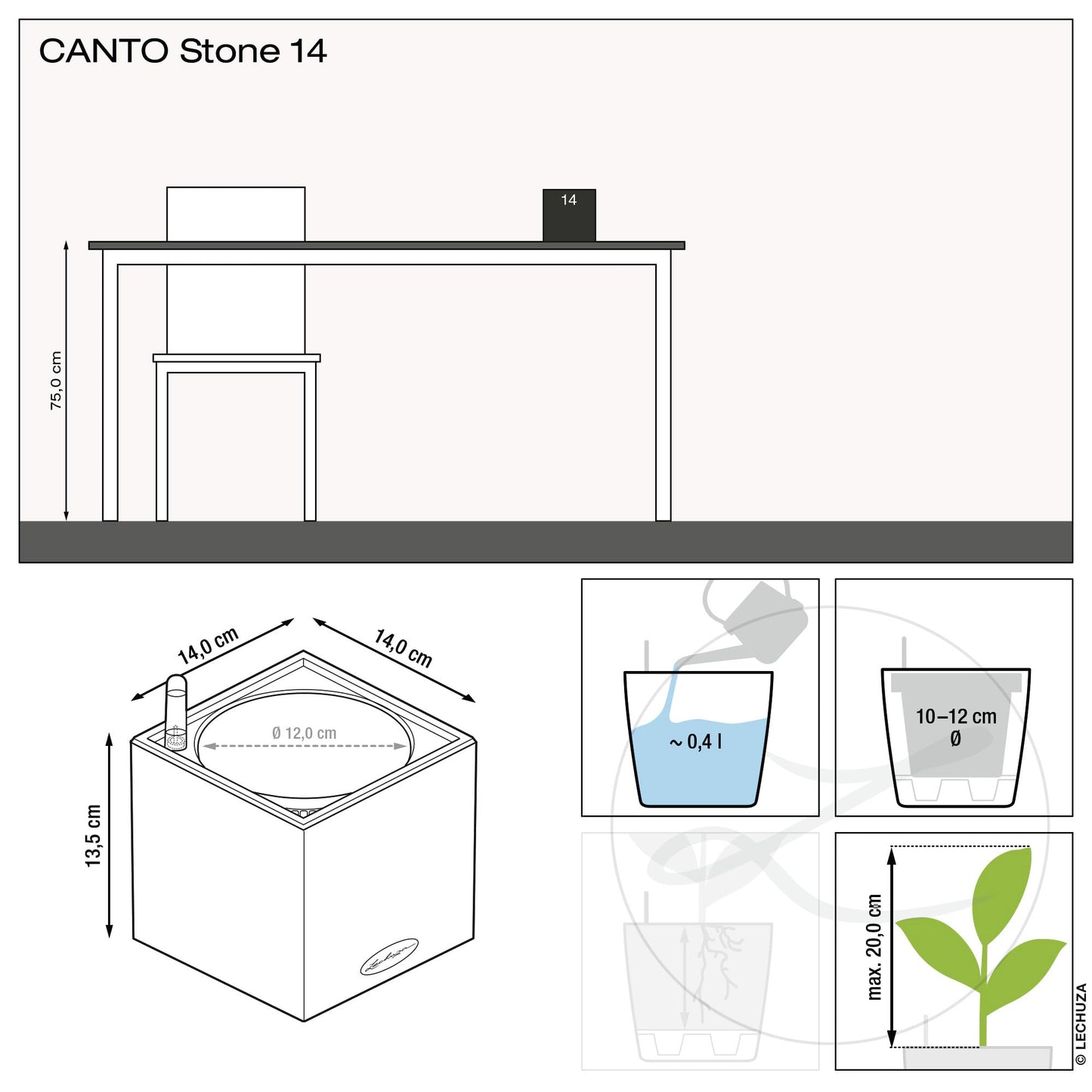 Lechuza Canto Stone 14 Self-Watering Table Planter with Water Level Indicator, Stone Grey