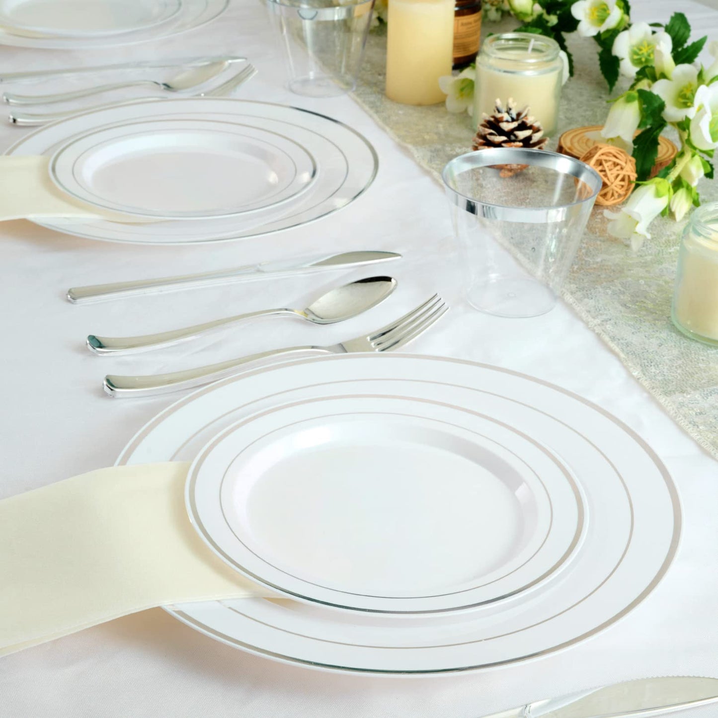 FOCUSLINE 600 Ct Silver Dinnerware Set for 100 Guests - Silver Rimmed Disposable Plastic Plates, Includes 100 Dinner & Salad Plates, Cups, Cutlery Set for Wedding Parties