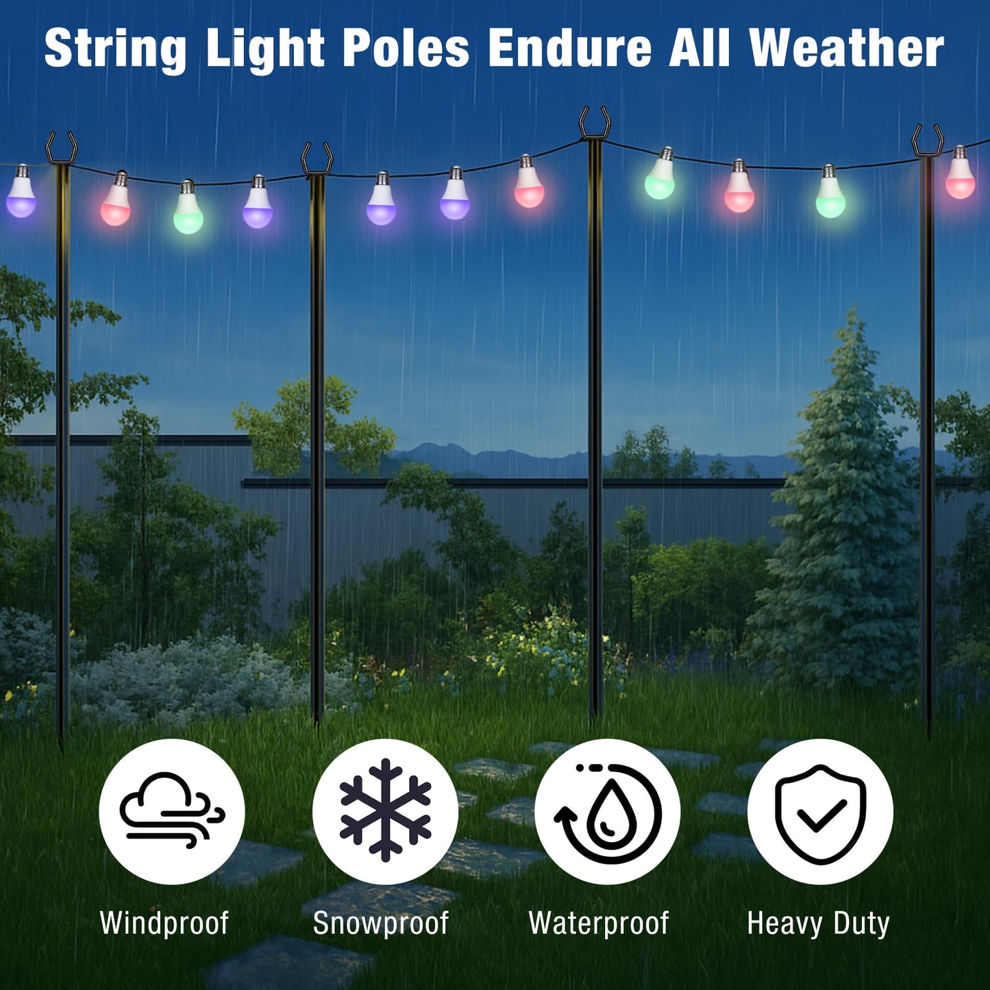 FHNFHN String Light Poles 4 Pack,10FT Metal String Light Poles for Outside, Adjustable Outdoor Poles for Patio, Deck, Garden, Wedding, Backyard, Christmas Party Decor, Sturdy with Hooks