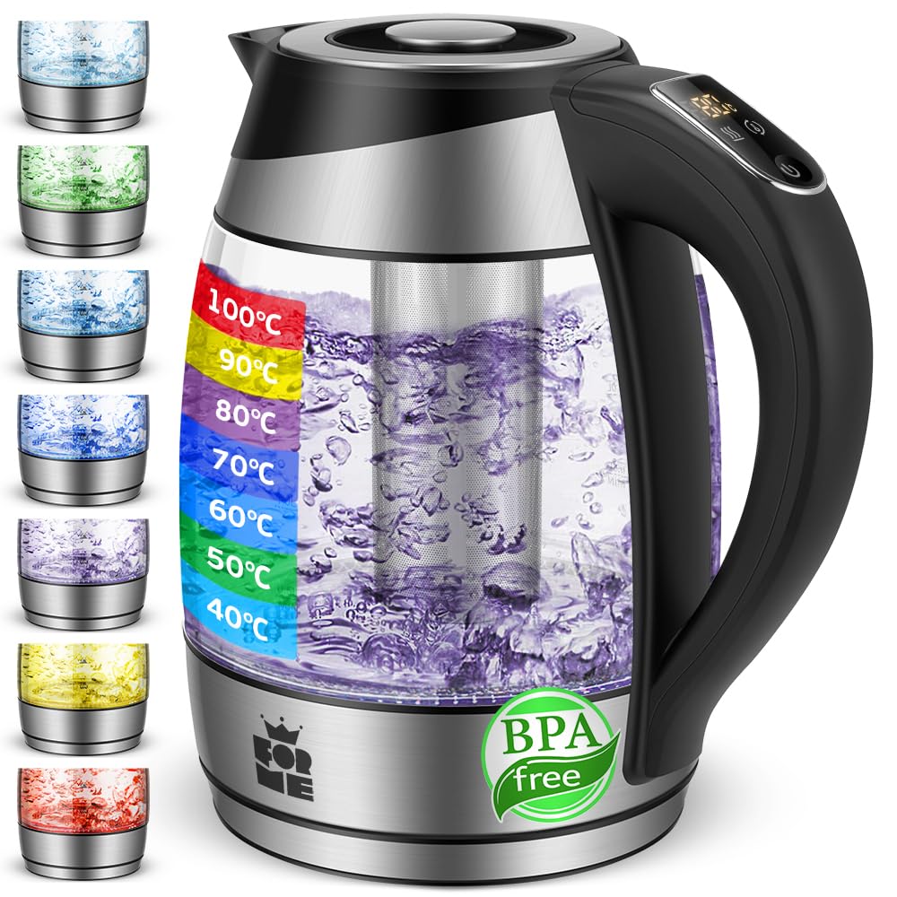 ForMe Glass Kettle with Temperature Setting 40-100 °C 1.8 L I 2200 Watt I 7 Colour Change LED I Digital Temperature Display I Keep Warm Function I Boil Dry Protection BPA Free