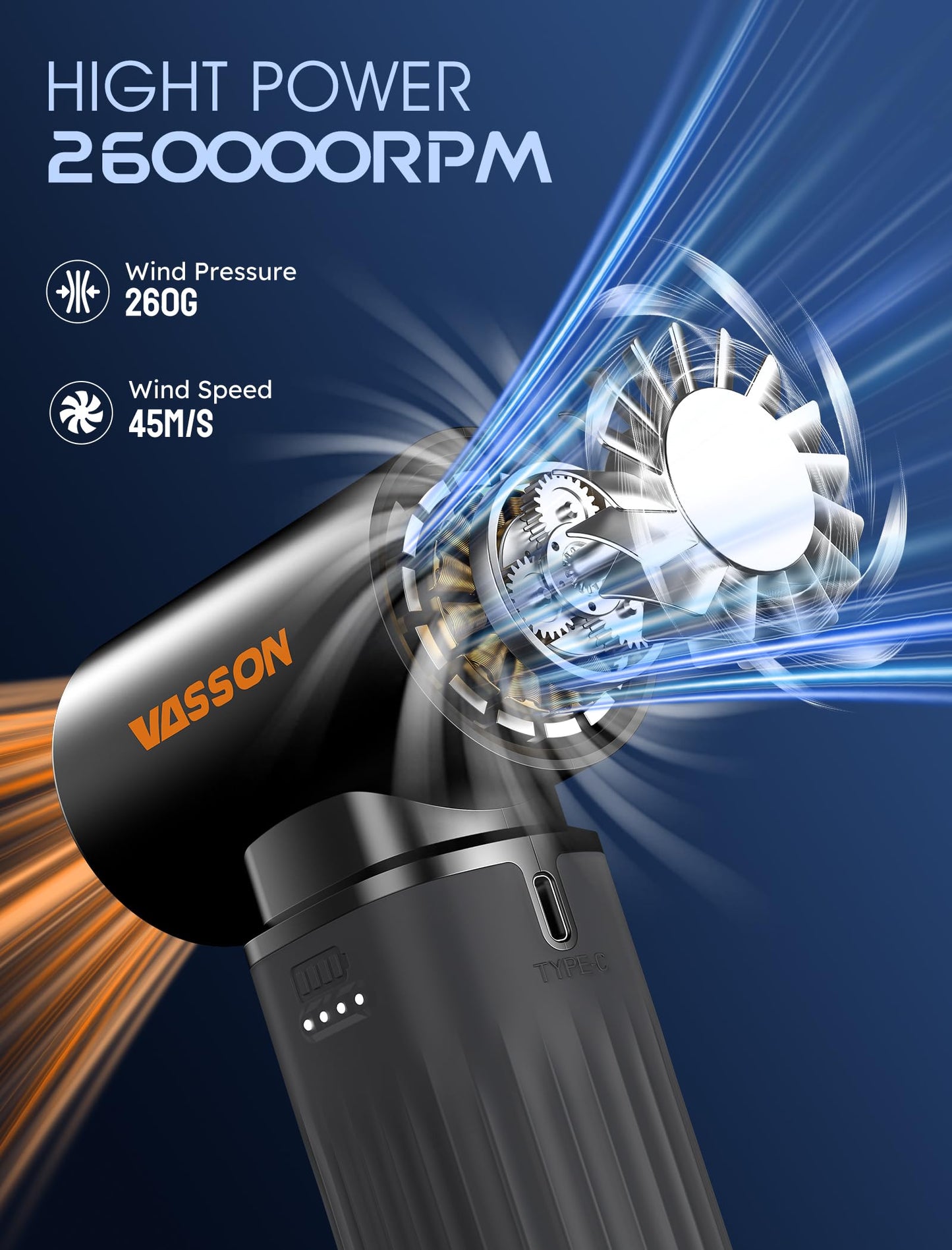 Compressed Air Duster, 260000RPM Cordless Electric Air Blower with Brushless Motor, 3-Speed Adjustable & Rechargeable – Powerful Dust Cleaner for Keyboard, Computer, Car, Outdoor, Air Bed