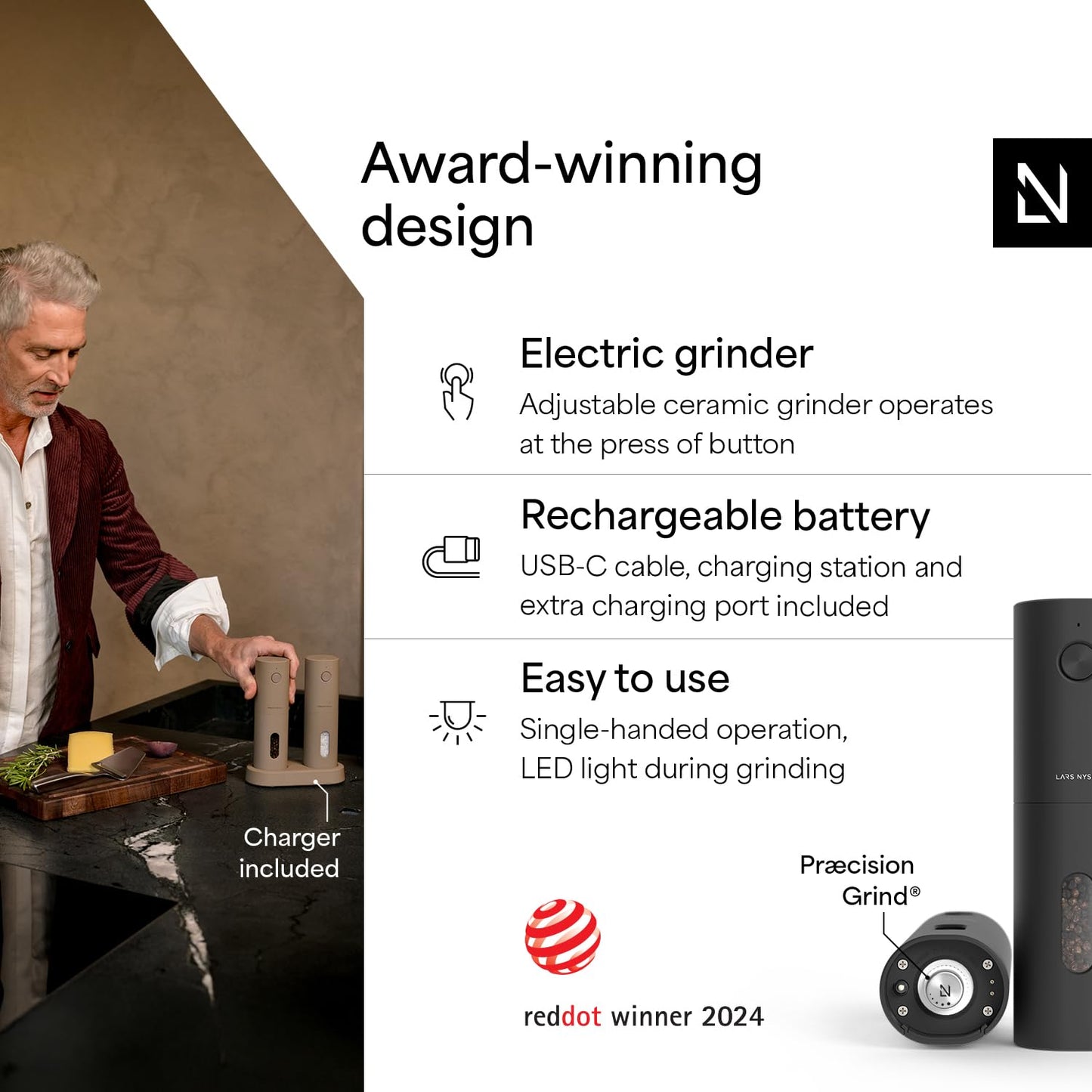 LARS NYSØM Electric Salt and Pepper Grinder Set I Automatic Salt and Pepper Mills with Adjustable Ceramic Grinder I USB Rechargeable Electric Spice Mill Set (Carbon Black)