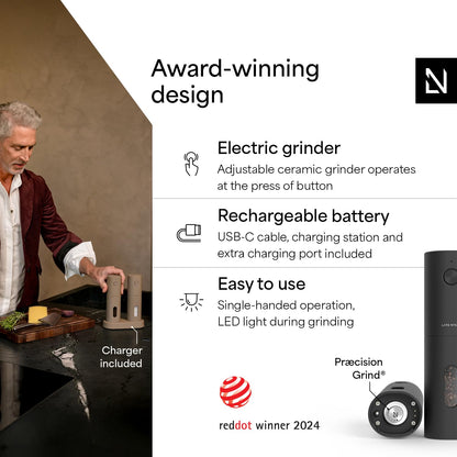 LARS NYSØM Electric Salt and Pepper Grinder Set I Automatic Salt and Pepper Mills with Adjustable Ceramic Grinder I USB Rechargeable Electric Spice Mill Set (Carbon Black)