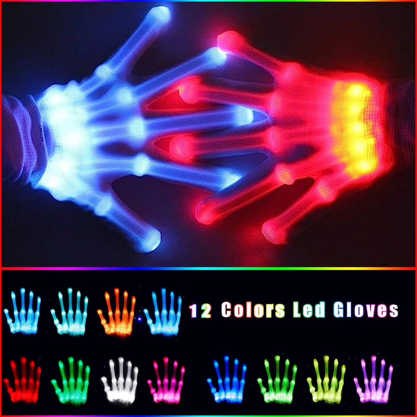 COTRUERE 12 Color Led Light up Gloves Cool Finger Flashing Toys Gifts for Halloween Christmas Easter Birthday Parties（only 1 pair）