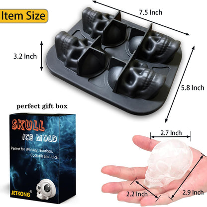 JETKONG Large Skull Ice Mold - 4 Cavity Silicone Skull Ice Maker - Ice Cube Tray for Whiskey, Bourbon, Cocktails and Juice