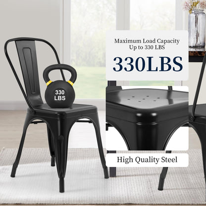 FDW | Metal Dining Chairs | Set of 4 | Black | Stackable Tolix Side Chairs with Backrest | Scratch-Resistant | Non-Slip Feet | Indoor/Outdoor Use | 330 lbs Capacity | for Kitchen & Restaurant