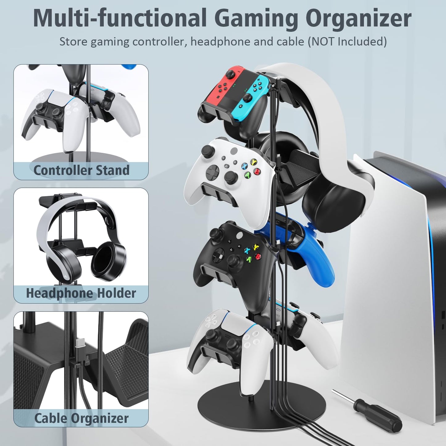 Kytok Controller Stand 4 Tiers with Cable Organizer for Desk, Universal Headphone Stand Compatible with Xbox PS5 PS4 Nintendo Switch, Headset Holder & Desk Mounts for 8 Packs Controller