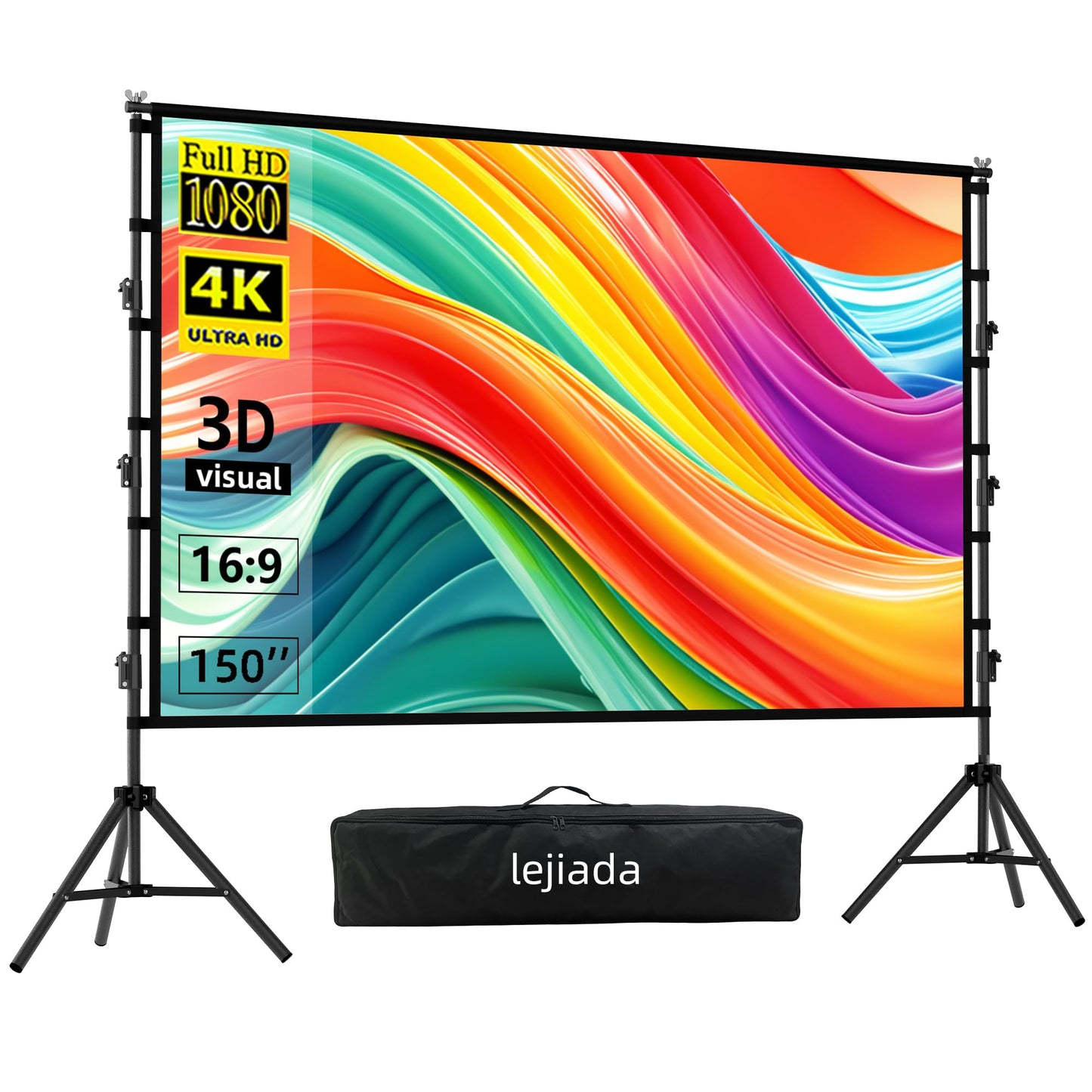 Lejiada 150" Portable Projector Screen with Stand, Foldable & Anti-Crease, HD 4K Movie Screen for Outdoor/Indoor Use, Home Theater, Parties & Business Presentations - Includes Carry Bag