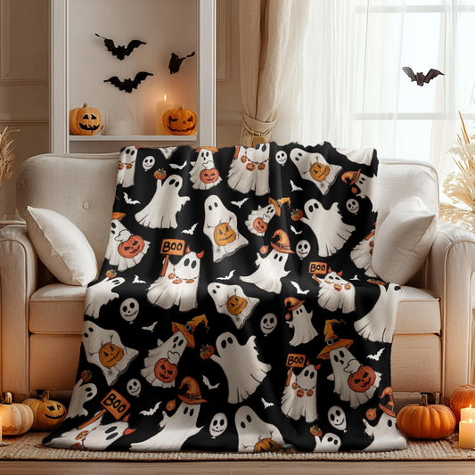 Horaldaily Halloween Flannel Blanket Throw, Ghost Boo Jack-O-Lantern Pumpkin Skulls Soft Fuzzy Plush Cozy Fleece Blankets for Couch Sofa Bed Lounging, Ideal Gifts for Kids Adults Wife Self, 50x60