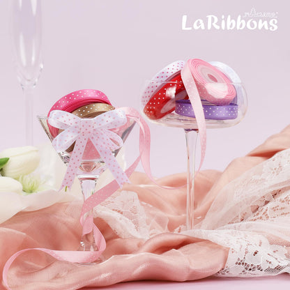 LaRibbons Polka Dot Satin Ribbon Variety Pack 100 Yards, 3/8" X 10 Yards/Roll Hot Pink Red Purple Khaki Assorted Ribbons for Crafts, Valentines, Gift Wrapping, Hair Bows