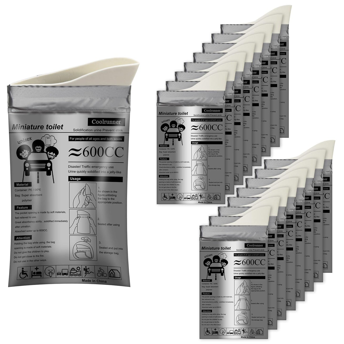 Coolrunner Disposable Urine Bags, Camping Pee Bags for Men Women, Disposable Urinals Vomit Bags for Travel Urinal Toilet Traffic Jam Emergency Portable Toilet for Kids, Patient (Grey-20p)