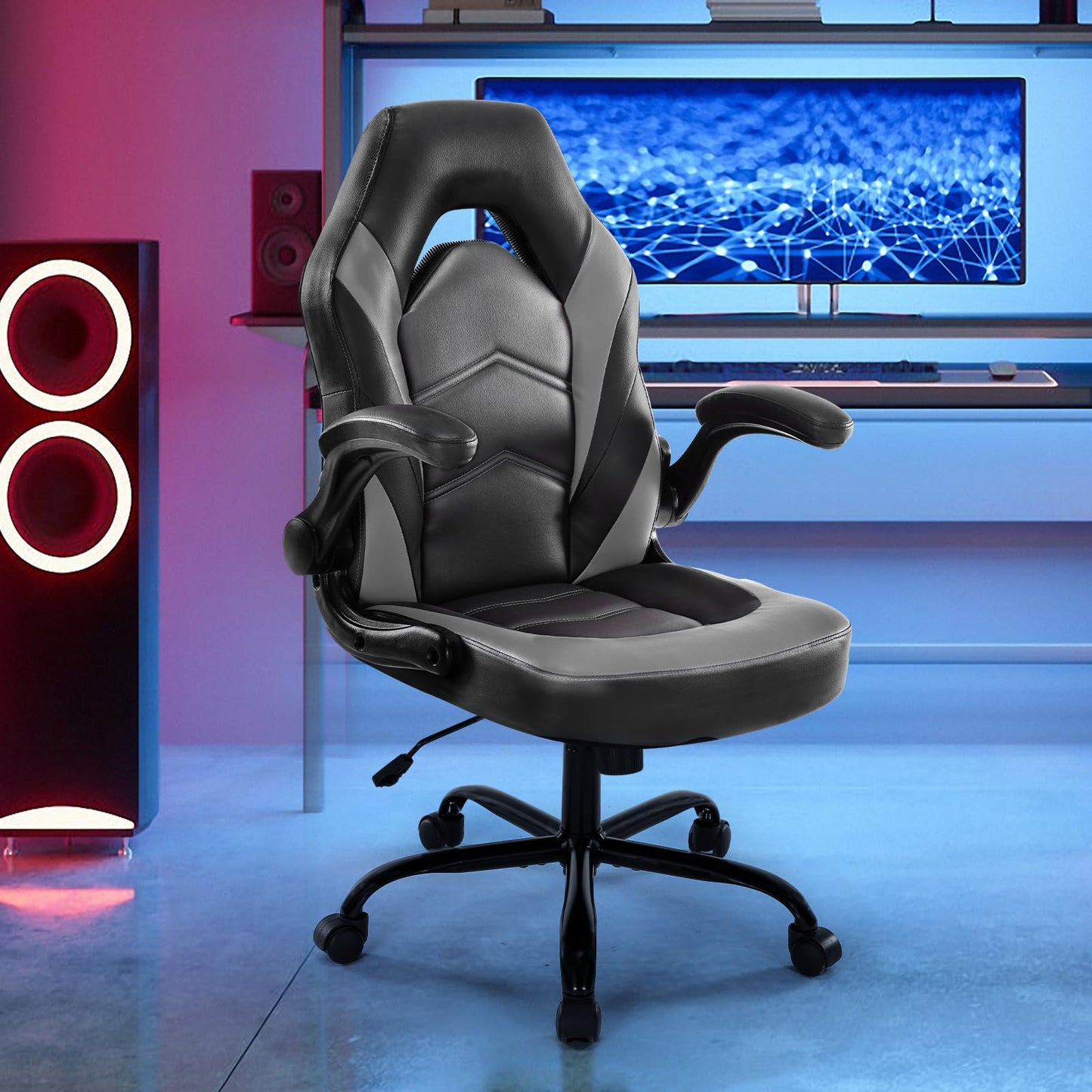 DUMOS Ergonomic Computer Gaming Chair - Home Office Desk with PU Leather Lumbar Support, Height Adjustable Big and Tall Video Game with Flip-up Armrest, Swivel Wheels for Adults and Teens