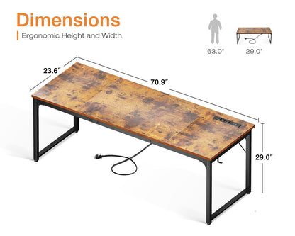 Coleshome 71 Inch Computer Desk with USB Ports, Large Office Desk, Long Study Student Writing Desk, Rustic Brown