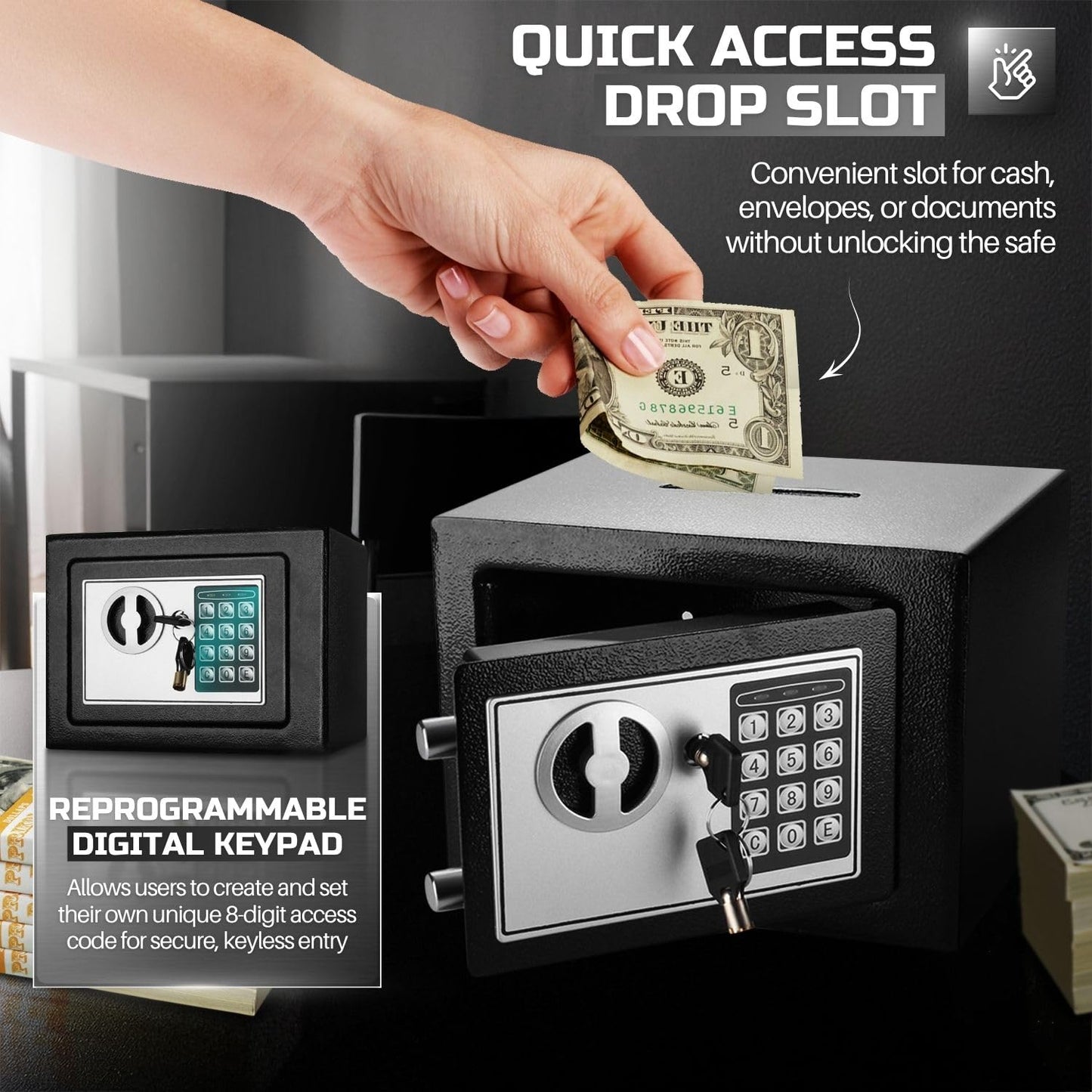 Flexzion Electronic Drop Safe Box with Digital Combination Lock - Cash Safe for Cabinets, Home & Office Security (9"x7"x7"), Black