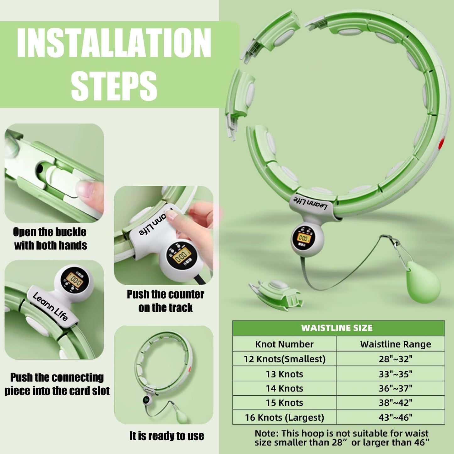 Leann L!fe U5-16 Knots with Counter, U5 Silent Smart Weighted Hula Hoop for Adults Weight Loss Infinity Hoop Plus Size, Home Outdoors Fitness Exercise, Abdominal Toner, (Green-Waist 28"~46")