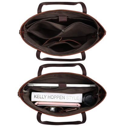 S-ZONE Vintage Genuine Leather Shoulder Bag Work Totes for Women Purse Handbag with Back Zipper Pocket Large