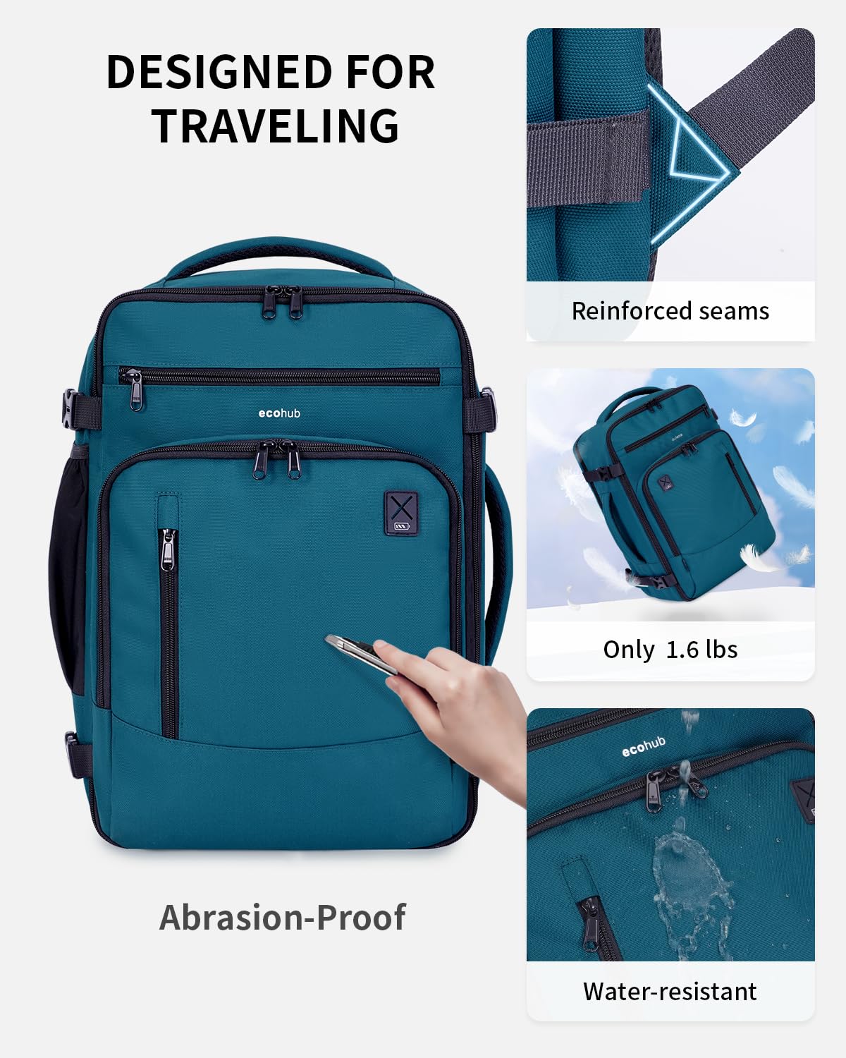 ECOHUB 17" Small Travel Backpack, United Airlines Personal Item Bag 17x10x9 with 16 Pockets, Water Resistant Rucksacks Fit 15.6" Laptop, AirTag Pocket, Lightweight Casual Daypack, 25L, Blue Green