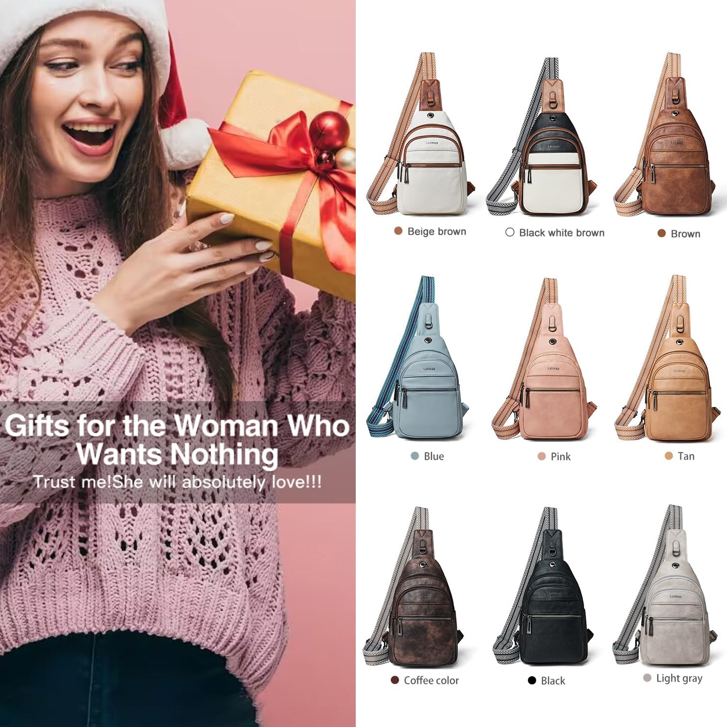 LATMAP Sling Bag For Women Faux Leather Anti Theft Small Casual Daypack Backpack Fanny Pack Crossbody Chest Bags Purse