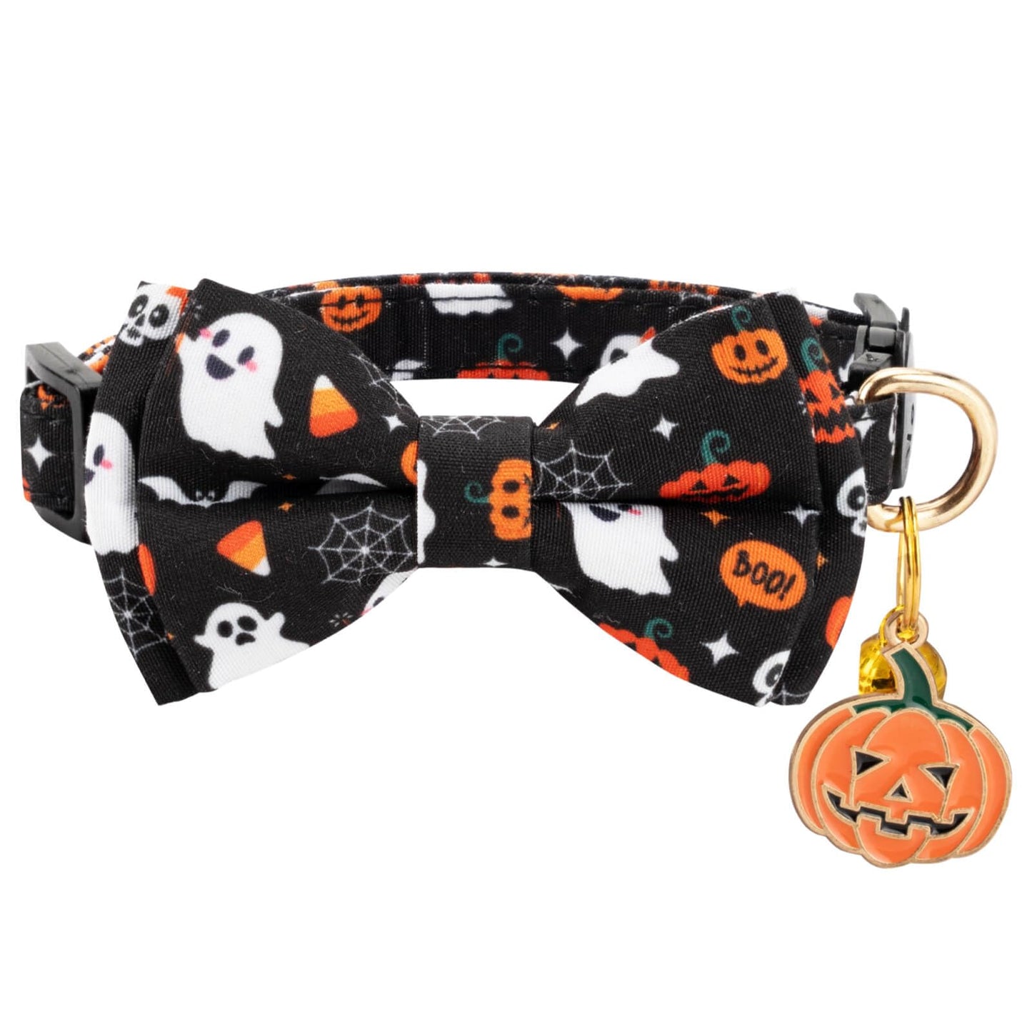 Gelwoo 2 Pack Halloween Cat Collar with Bow Tie and Bell for Male Female Cats,Soft Fancy Breakaway Kitty Kitten Collar with Ghost& Pumpkin Patterned Design for Boy Girl Cats. (Purple Ghost&Pumpkin)