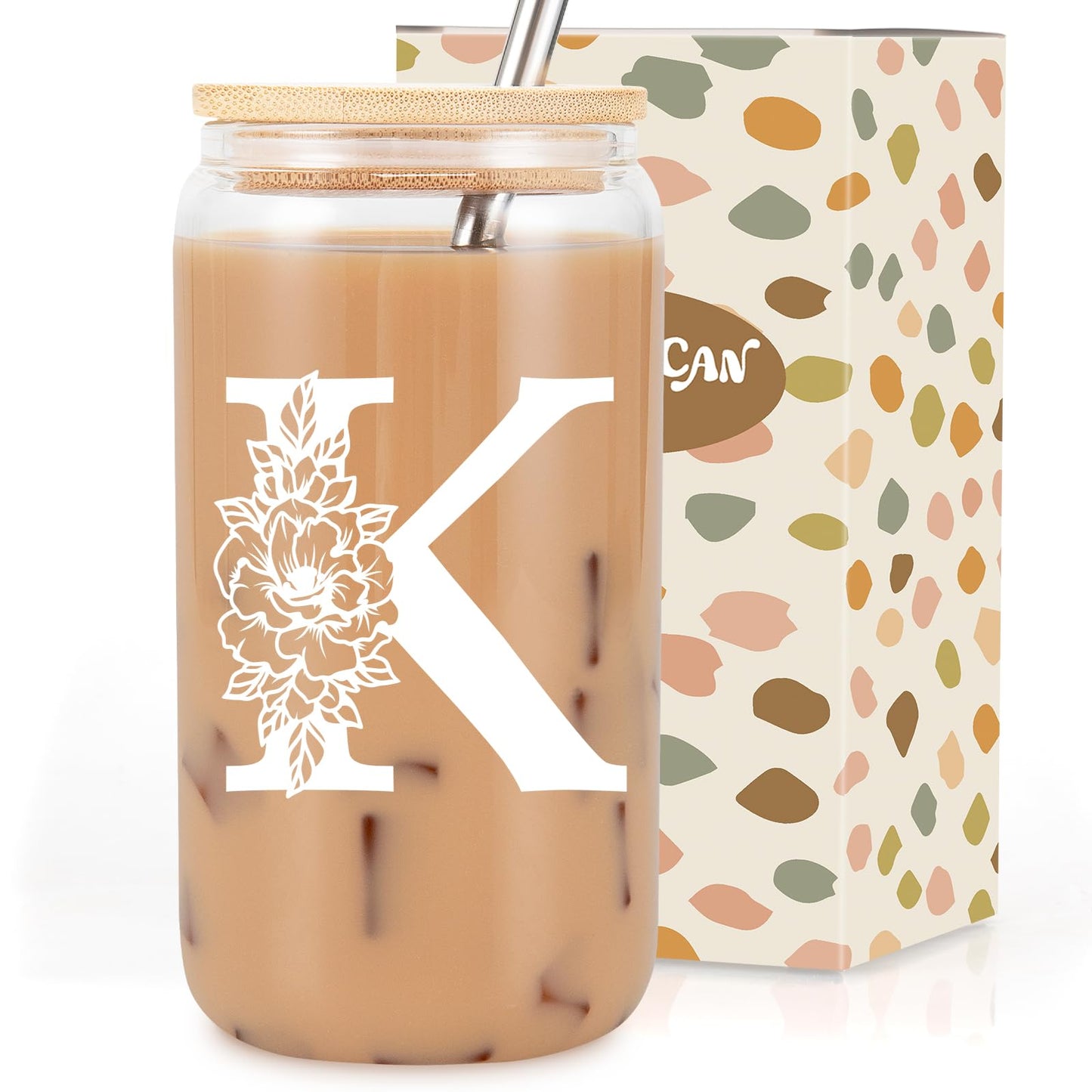 Coolife Initial Glass Cup, Monogrammed Gifts for Women, 16 oz Glass Cups w/Lids Straws, Iced Coffee Smoothie Beer Tumbler w/Straw Lid - Personalized Christmas, Birthday Gifts for Her Mom Friend Woman