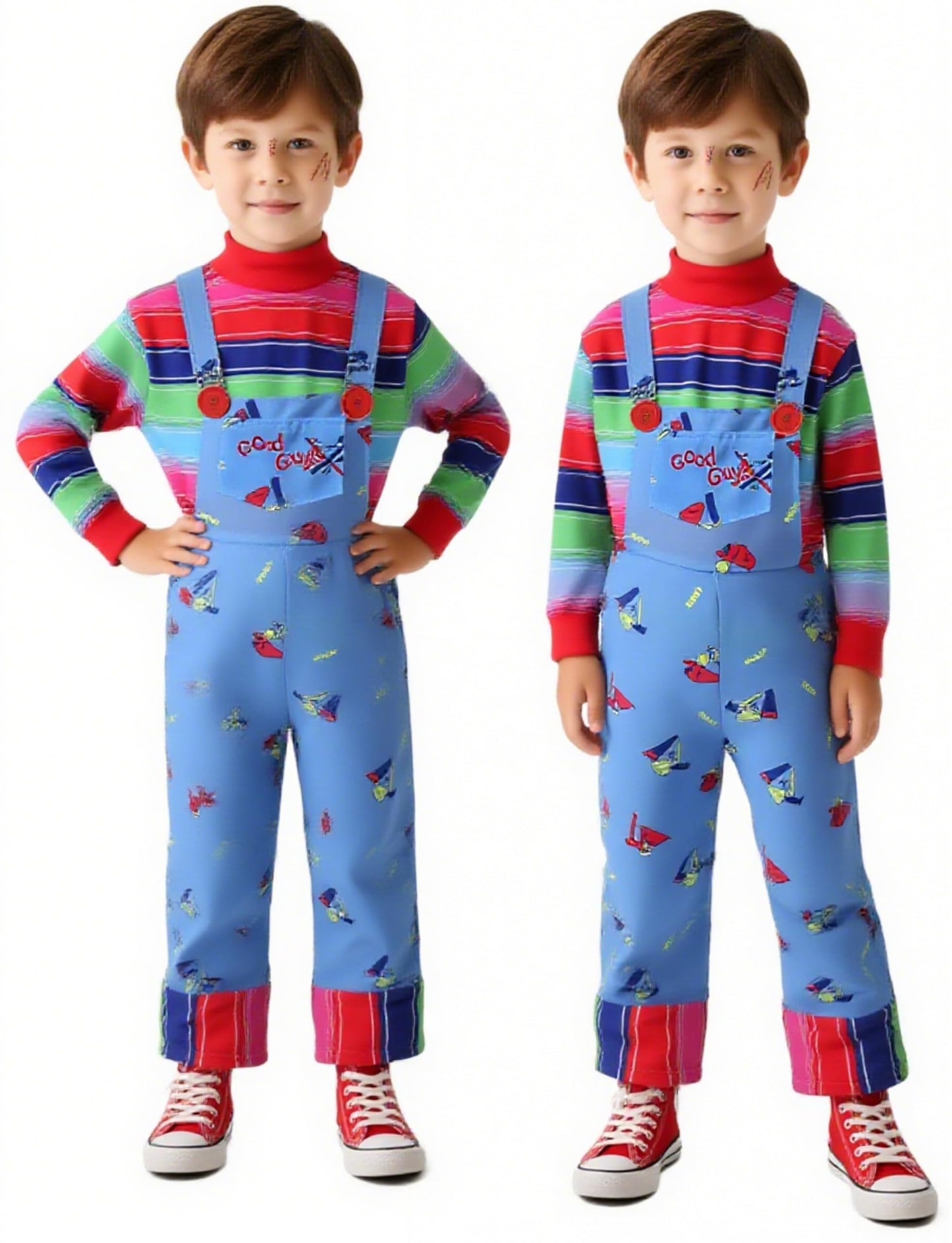 KUGVDI Halloween Chucky Costume for Kids Adult Good Guys Doll Child’s Play Cosplay Jumpsuit Includes Tattoo Scars and Prop Knife（M）