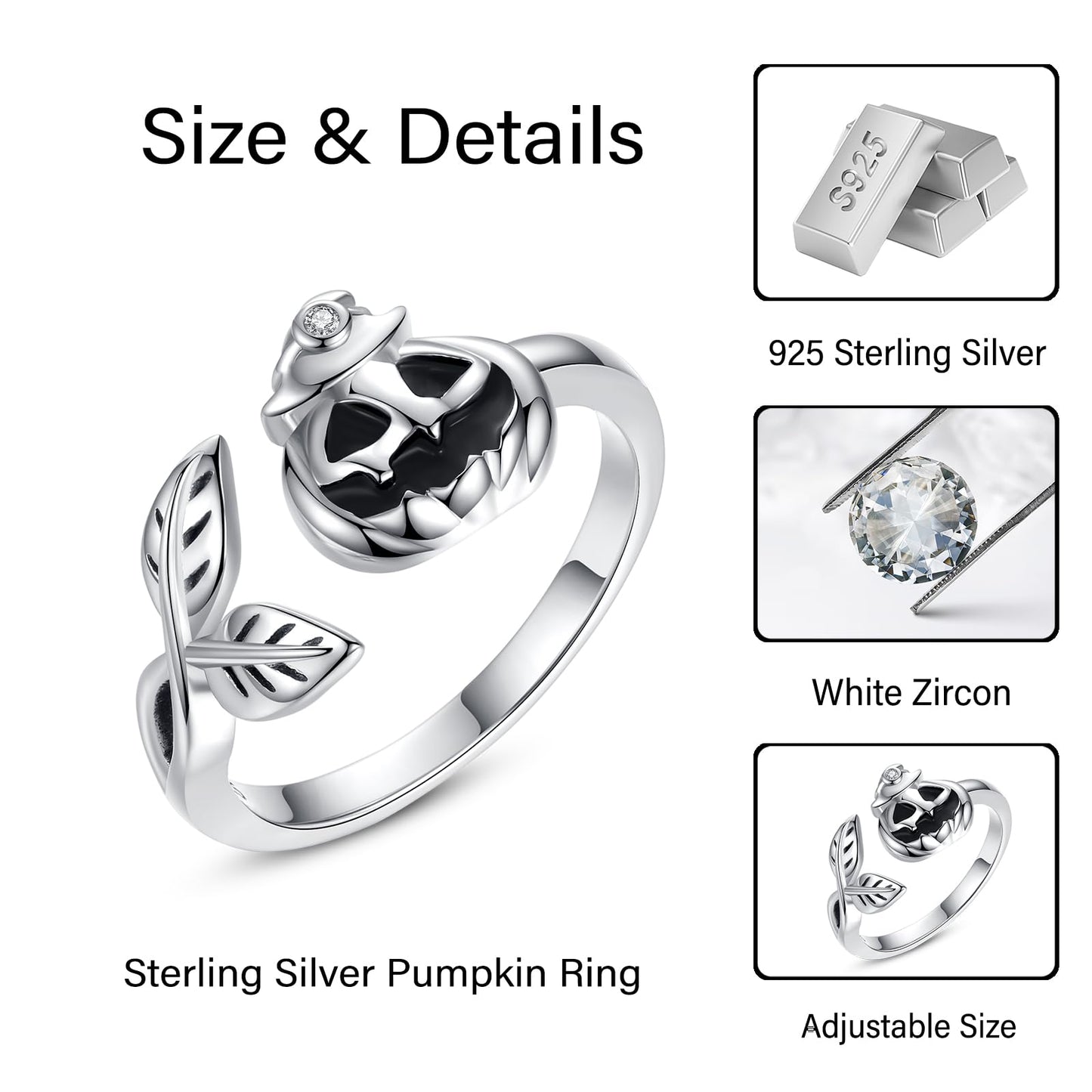 Halloween Pumpkin Jack Adjustable Ring Sterling Silver Halloween Jewelry Skull Wrap Finger Ring for Women