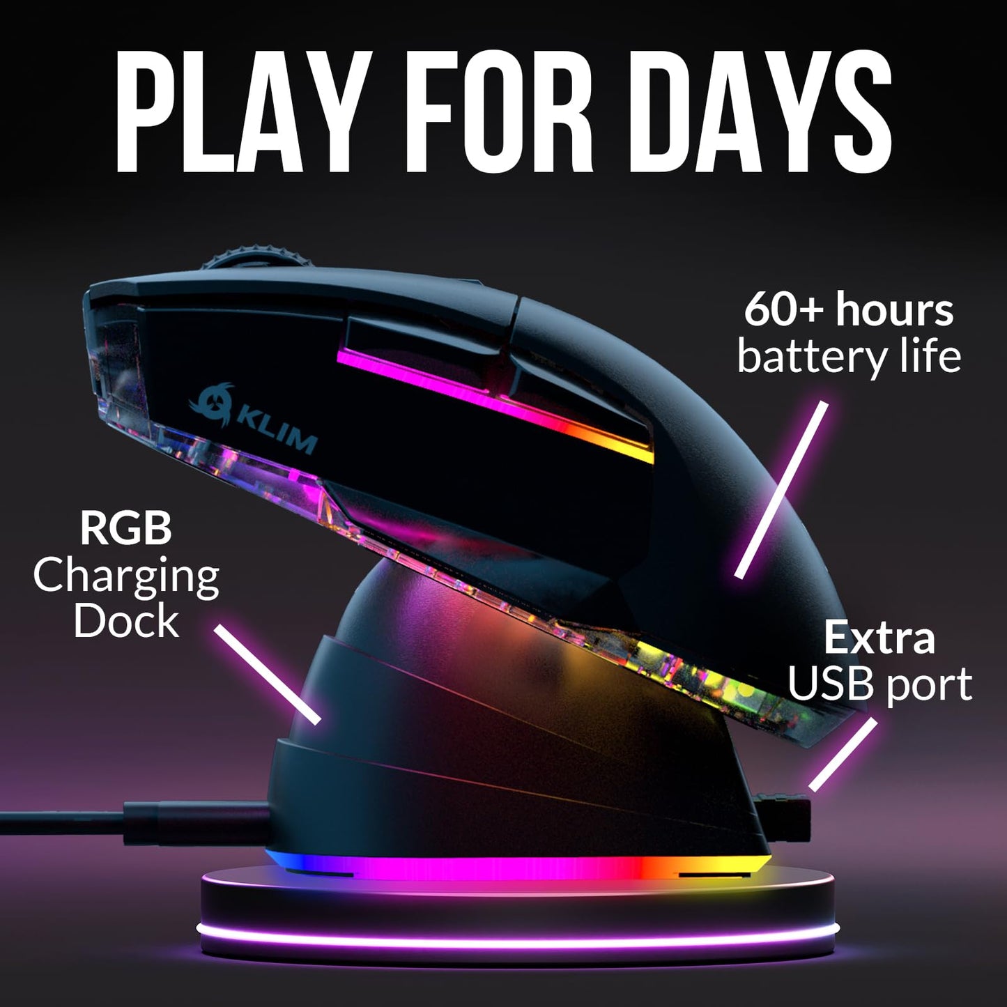 KLIM Blaze X RGB + New + Rechargeable Wireless Gaming Mouse with Charging Dock + Long-Lasting Battery + Up to 12000 DPI + Wired & Wireless Mouse PC, PS5, PS4, Mac + Black