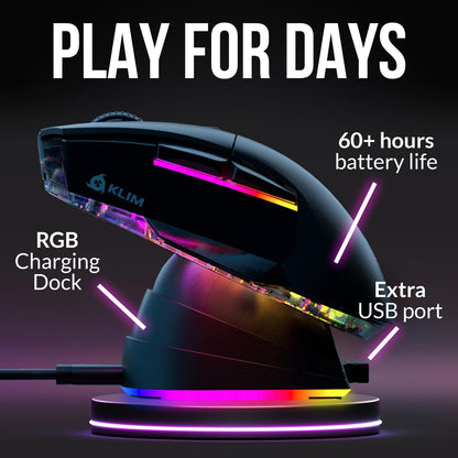 KLIM Blaze X RGB + New + Rechargeable Wireless Gaming Mouse with Charging Dock + Long-Lasting Battery + Up to 12000 DPI + Wired & Wireless Mouse PC, PS5, PS4, Mac + Black