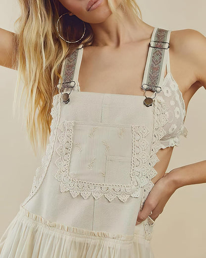 ebossy Women's Laced Embroidered Tulle Bib Dress Casual Loose Adjustable Straps Maxi Dress (M, Apricot)