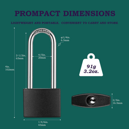 Guliffen 2 Pack Covered Aluminum Padlocks with Key, Black Locker Lock with Long Shackle for Gates, Fences, Toolboxes,